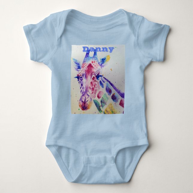 Giraffe Whimsical Watercolor Blue Babies Bodysuit (Front)