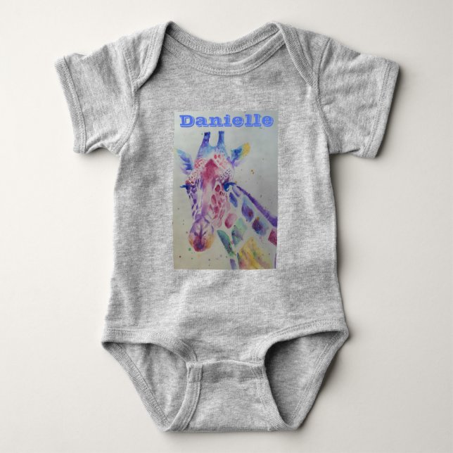 Giraffe Whimsical Watercolor Pink Babies Bodysuit (Front)