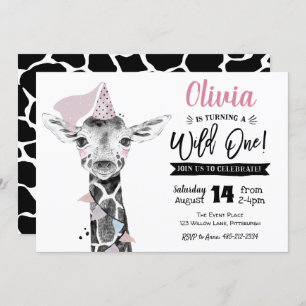 Giraffe Wild One   Girl 1st Birthday invitation