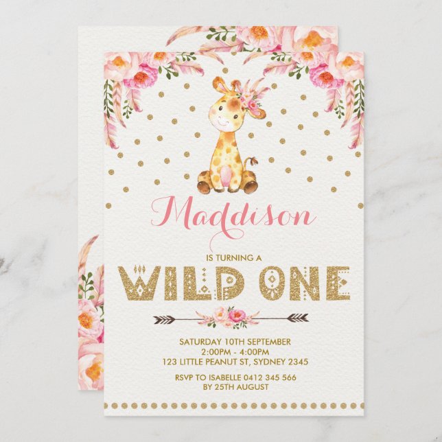 Giraffe WILD ONE Invitation Pink Gold Floral Party (Front/Back)
