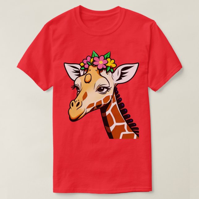 Giraffe with a flower crown cute cartoon T-Shirt (Design Front)