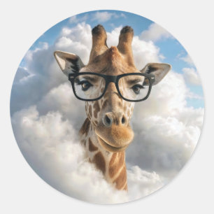 Giraffe with Black Eyeglasses in Cloud Classic Round Sticker