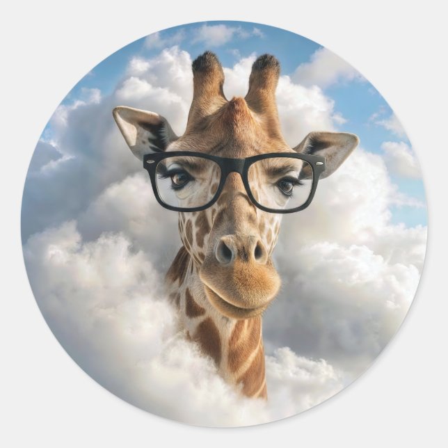 Giraffe with Black Eyeglasses in Cloud Classic Round Sticker (Front)