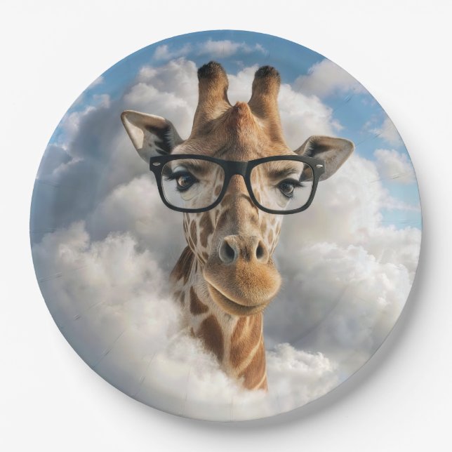 Giraffe with Black Eyeglasses in Cloud Paper Plate (Front)
