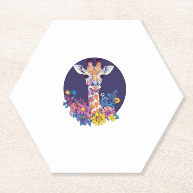Giraffe With Colourful Flowers   Paper Coaster (Front)