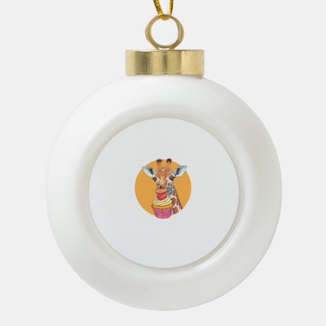 Giraffe With Cupcake   Ceramic Ball Christmas Ornament (Front)