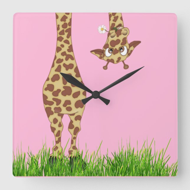Giraffe With Daisy on Pink Square Wall Clock (Front)