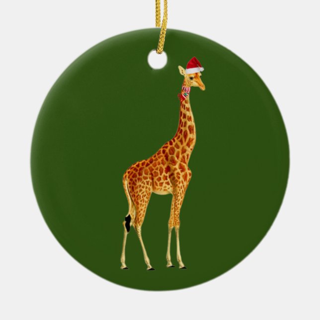 Giraffe With Hat Scaft Christmas Ceramic Ornament (Front)