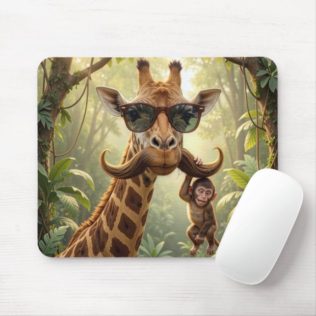 Giraffe With Moustache and Monkey Mouse Pad (With Mouse)