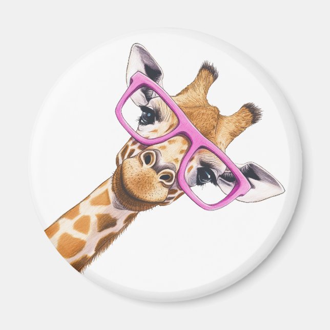 Giraffe with Pink Glasses Cute Animal Magnet (Front)