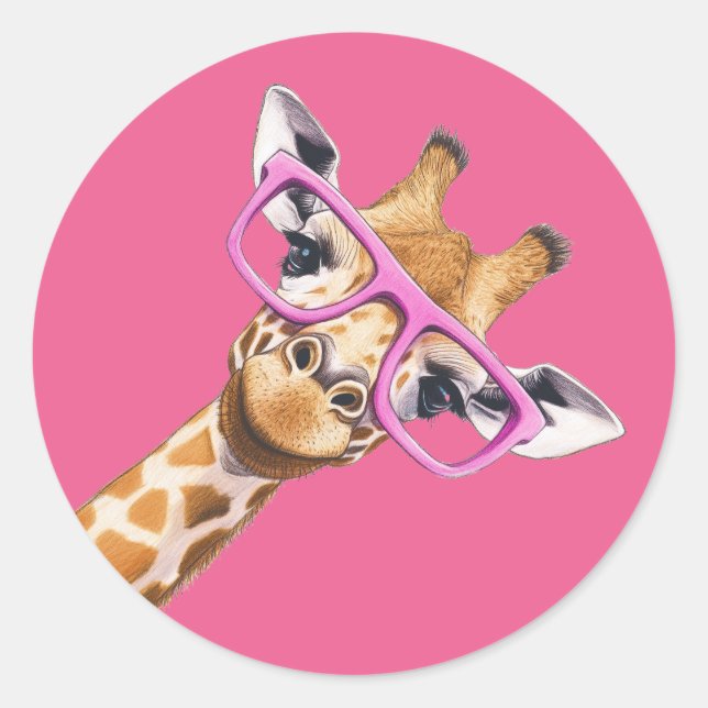 Giraffe with Pink Glasses Cute Animal Sticker (Front)
