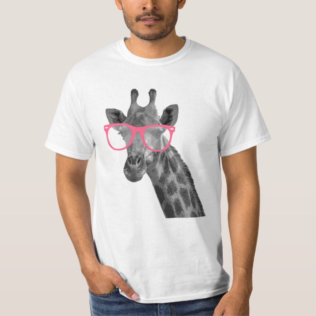 Giraffe with Pink Glasses Cute Funny T-shirt (Front)
