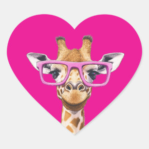 Giraffe with Pink Glasses Dark Pink Background Heart Sticker