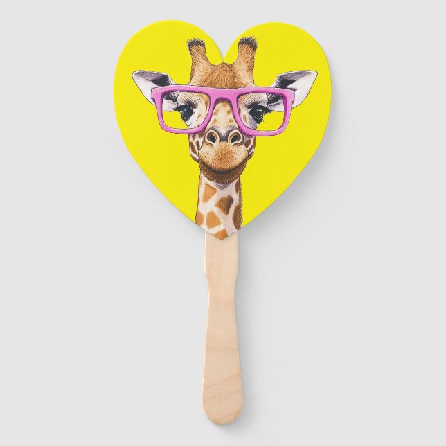 Giraffe with Pink Glasses Favours (yellow bg) Hand Fan (Front)