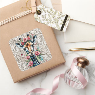 Giraffe with Pink Roses and Vintage Lace Square Sticker