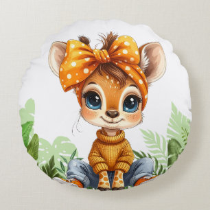 Giraffe with polka dot bow jungle round cushion