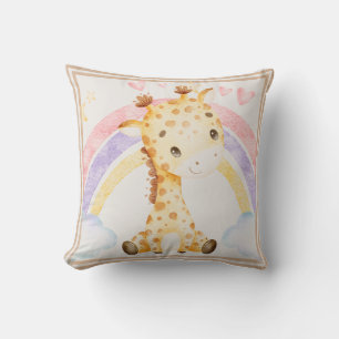 Giraffe with Rainbow Puffy Clouds Hearts Cushion
