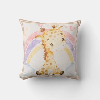 Giraffe with Rainbow Puffy Clouds Hearts Cushion