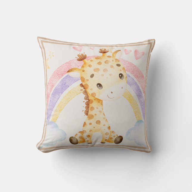 Giraffe with Rainbow Puffy Clouds Hearts Cushion (Front)