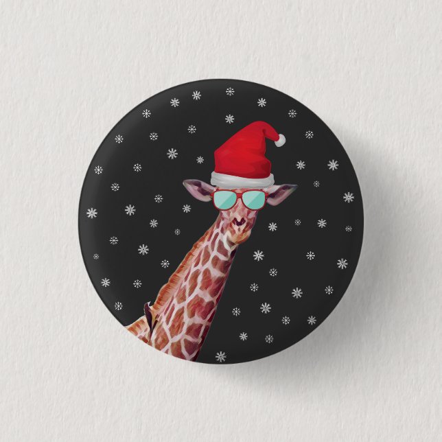 Giraffe With Santa Hat and Sunglasses on Black 3 Cm Round Badge (Front)