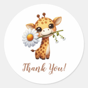 Giraffe with Single Sunflower Thank You  Classic Round Sticker