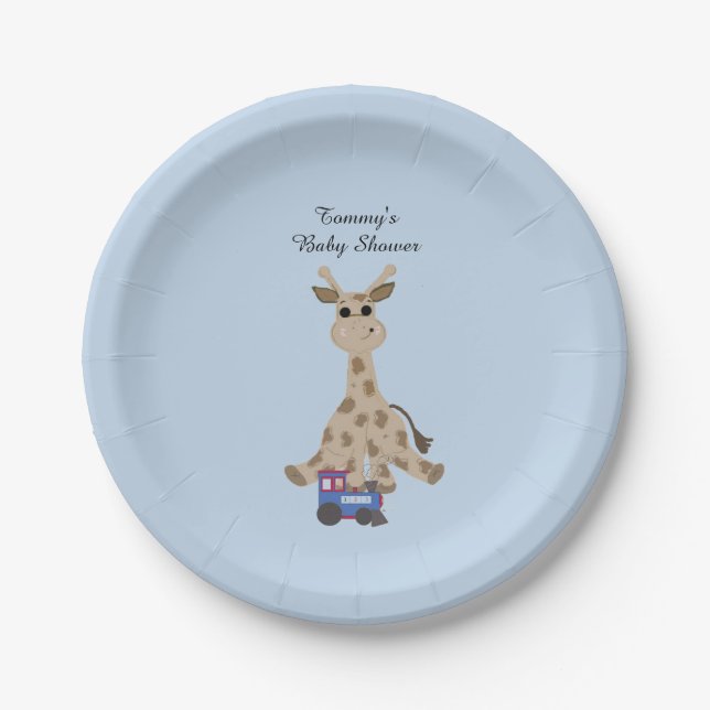 Giraffe With Train Baby Shower Paper Plate (Front)