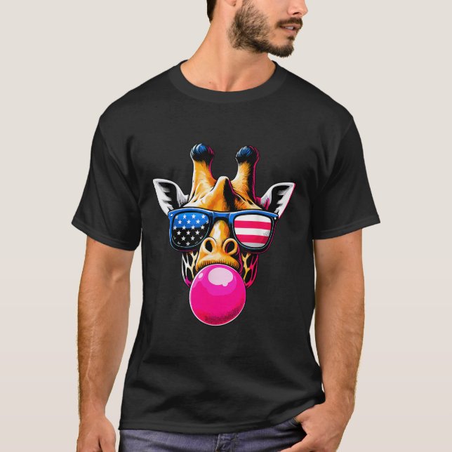 Giraffe with USA Glasses and Bubblegum 4th of July T-Shirt (Front)