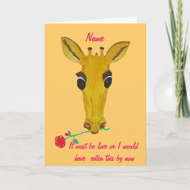 Giraffe with Valentine Rose Add name front Holiday Card (Front)