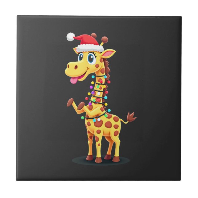 Giraffe Xmas Lighting Funny Santa Giraffe Christma Ceramic Tile (Front)