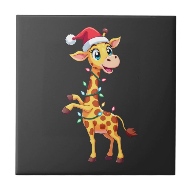 Giraffe Xmas Lighting Funny Santa Giraffe Christma Ceramic Tile (Front)