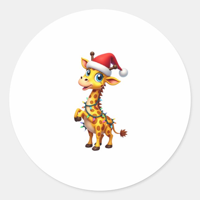 Giraffe Xmas Lighting Funny Santa Giraffe Christma Classic Round Sticker (Front)