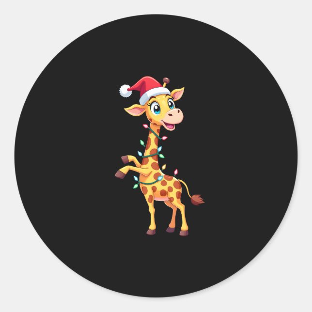 Giraffe Xmas Lighting Funny Santa Giraffe Christma Classic Round Sticker (Front)