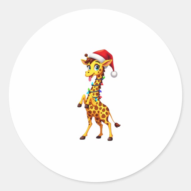 Giraffe Xmas Lighting Funny Santa Giraffe Christma Classic Round Sticker (Front)