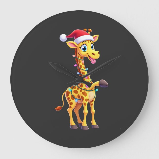 Giraffe Xmas Lighting Funny Santa Giraffe Christma Large Clock (Front)