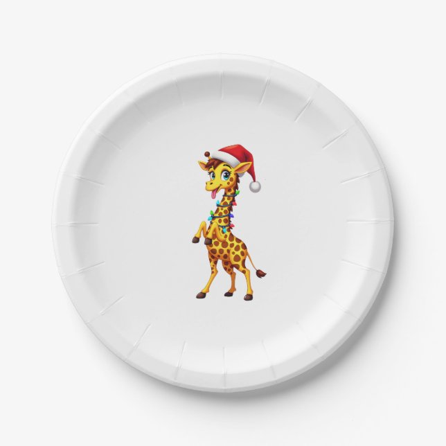 Giraffe Xmas Lighting Funny Santa Giraffe Christma Paper Plate (Front)