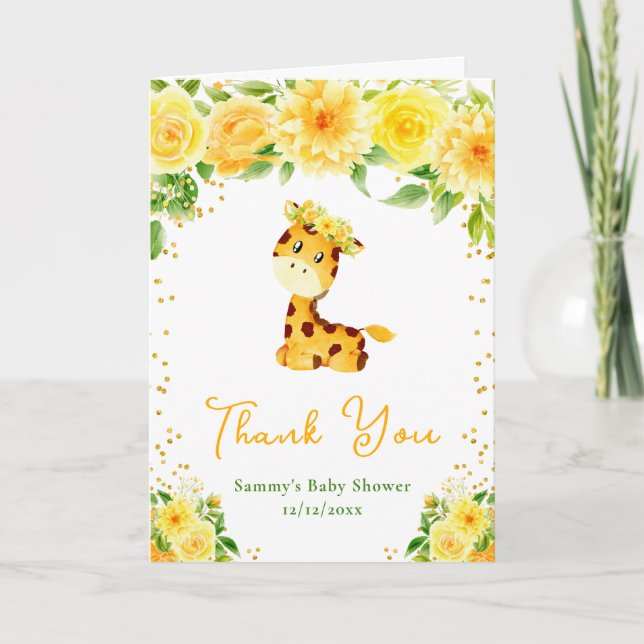 Giraffe Yellow Floral Baby Shower Thank You Card (Front)