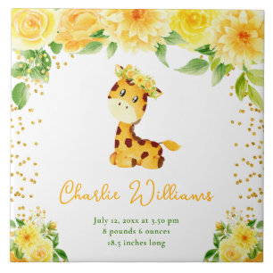 Giraffe Yellow Floral Birth Statistics Ceramic Tile