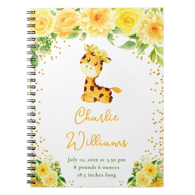 Giraffe Yellow Floral Birth Statistics Notebook (Front)