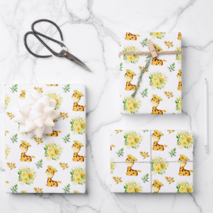 Giraffe Yellow Floral Flowers Wrapping Paper Sheet