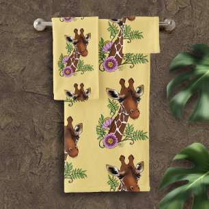 Giraffe Yellow Portrait Flowers Bath Towel Set