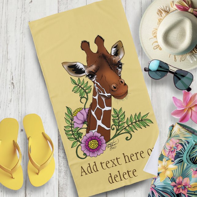 Giraffe Yellow Portrait Flowers Beach Towel (Creator Uploaded)