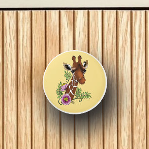 Giraffe Yellow Portrait Flowers  Ceramic Knob