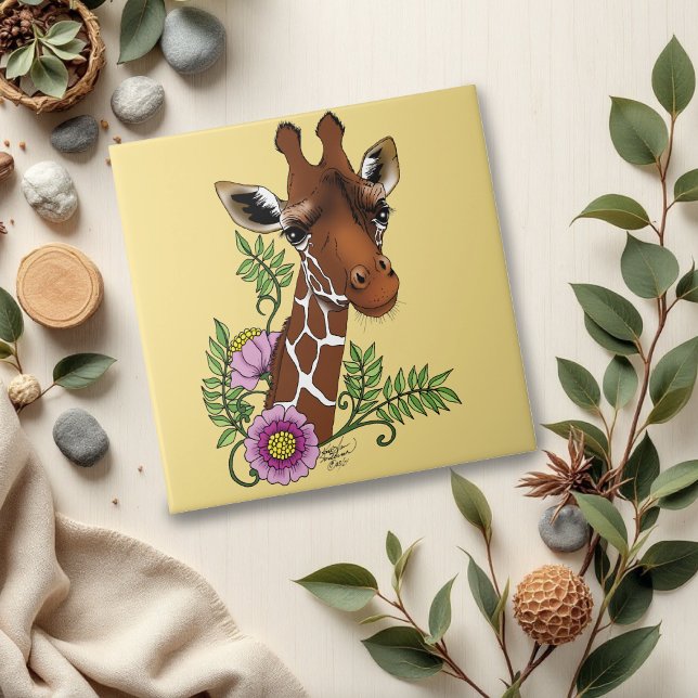 Giraffe Yellow Portrait Flowers Ceramic Tile (Creator Uploaded)