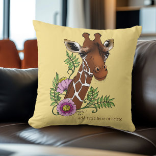 Giraffe Yellow Portrait Flowers Cushion