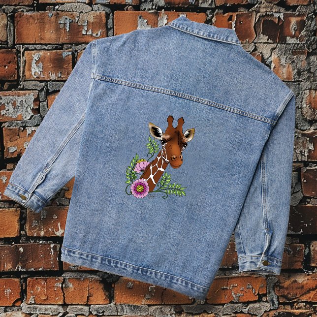 Giraffe Yellow Portrait Flowers Denim Jacket (Creator Uploaded)