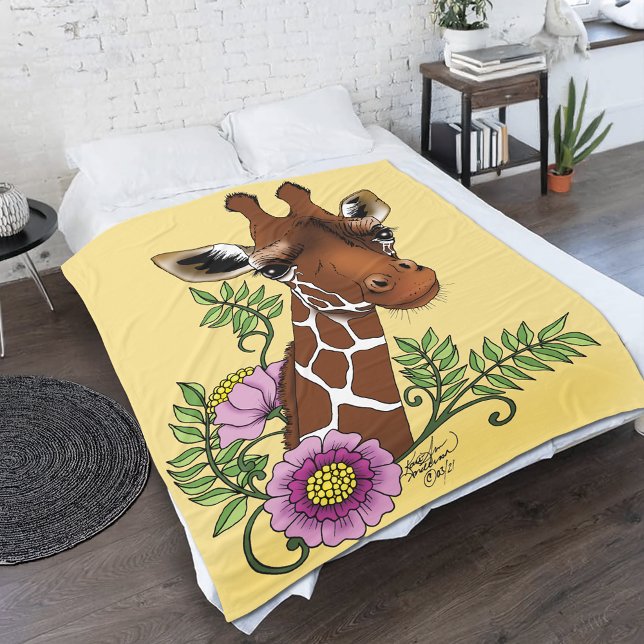 Giraffe Yellow Portrait Flowers  Fleece Blanket (Creator Uploaded)