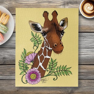 Giraffe Yellow Portrait Flowers Jigsaw Puzzle