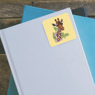 Giraffe Yellow Portrait Flowers Square Sticker