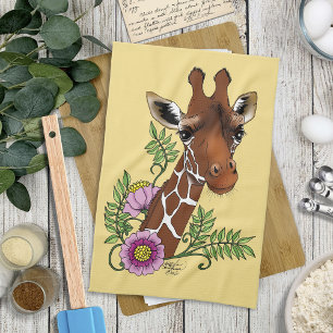 Giraffe Yellow Portrait Flowers Tea Towel