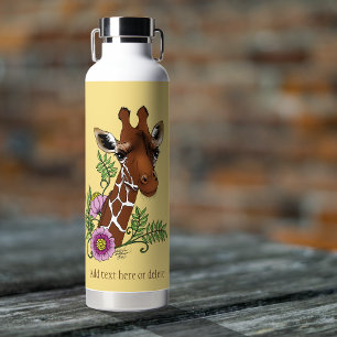 Giraffe Yellow Portrait Flowers Water Bottle